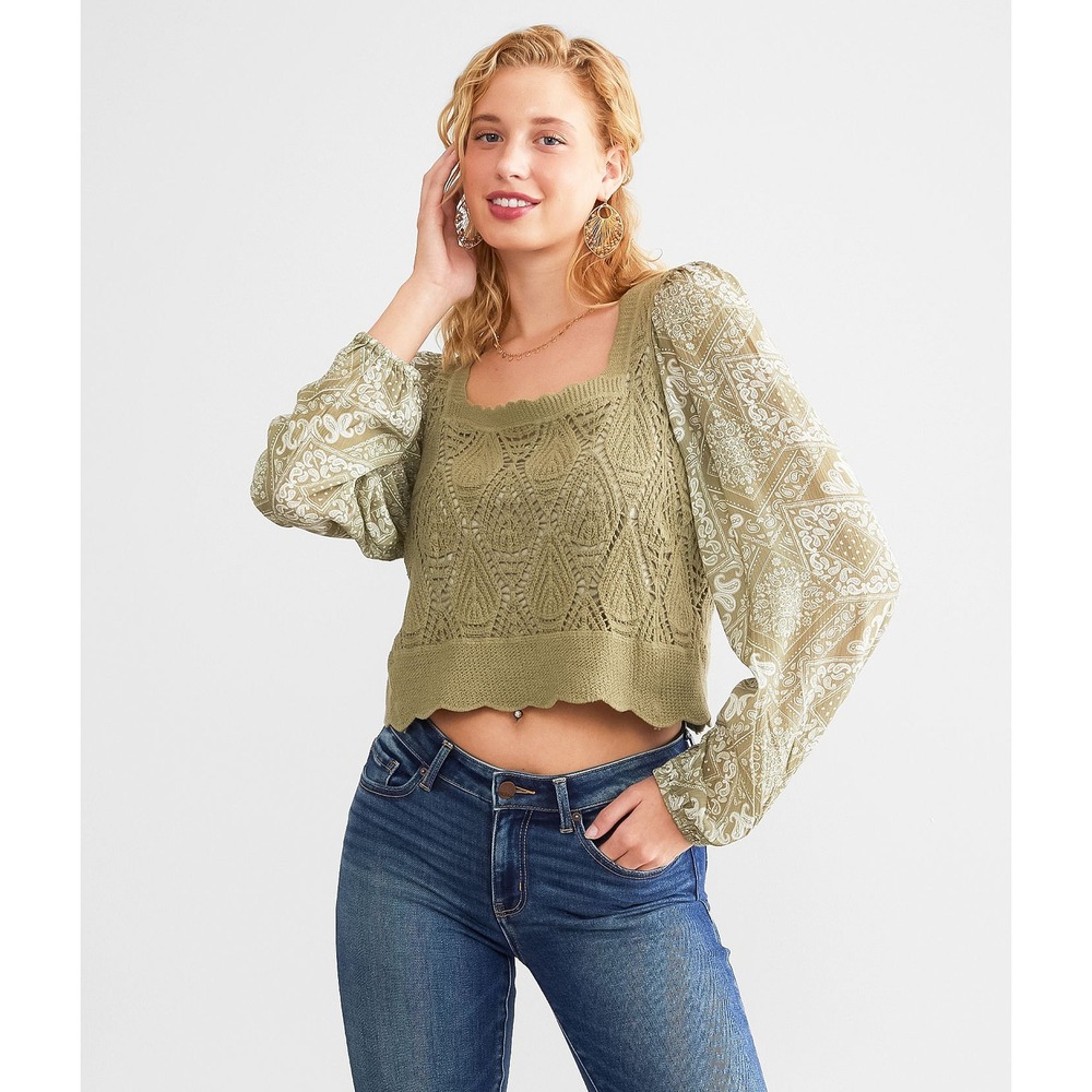 Miss Me Womens Sage Green Pointelle Knit Paisley Balloon Sleeve Top MT2716L L